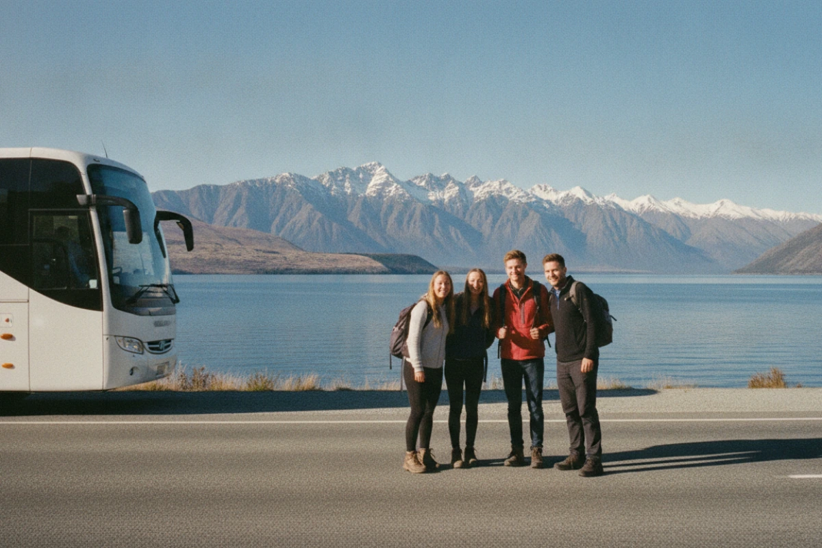 Coach hire in Queenstown beside Lake Wakatipu